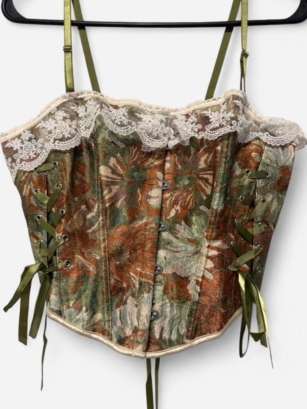 Floral Tapestry Lace Trim Corset Top Lace Up Sides L